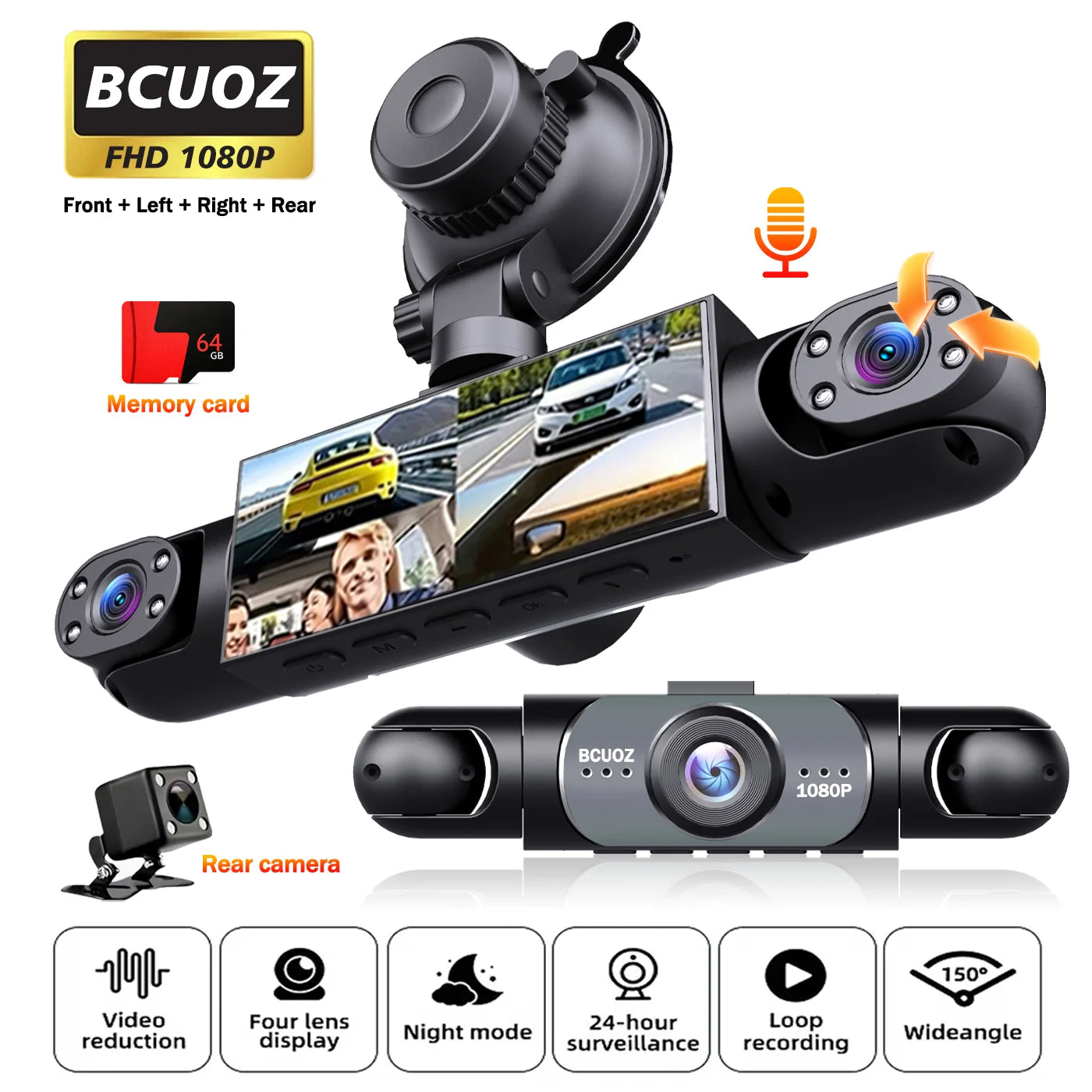 BCUOZ 4-Lens 360° Dashcam, 1080P Front + 720P Built-in Rear Left and Right Car Cameras, Super Night Vision, Loop Recording, G-Sensor, WDR, 12-24V Car Plug Power Supply, Optional 64GB Memory Card.