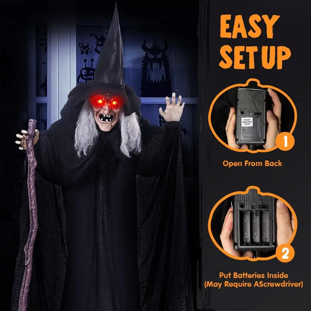 6 FT Animatronic Witch with Cane – Sound Activated Halloween Decoration with Light-Up Eyes