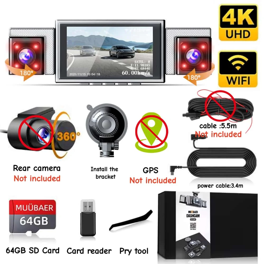 4K 360° WiFi Dash Cam with GPS & Quad Camera Recording