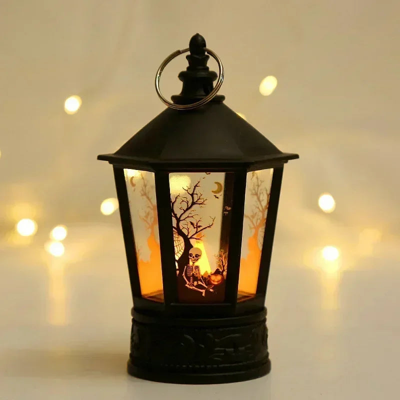 LED Spooky Halloween Lantern - with Flickering Candlelight, Spooky Witch, Pumpkin and Skeleton