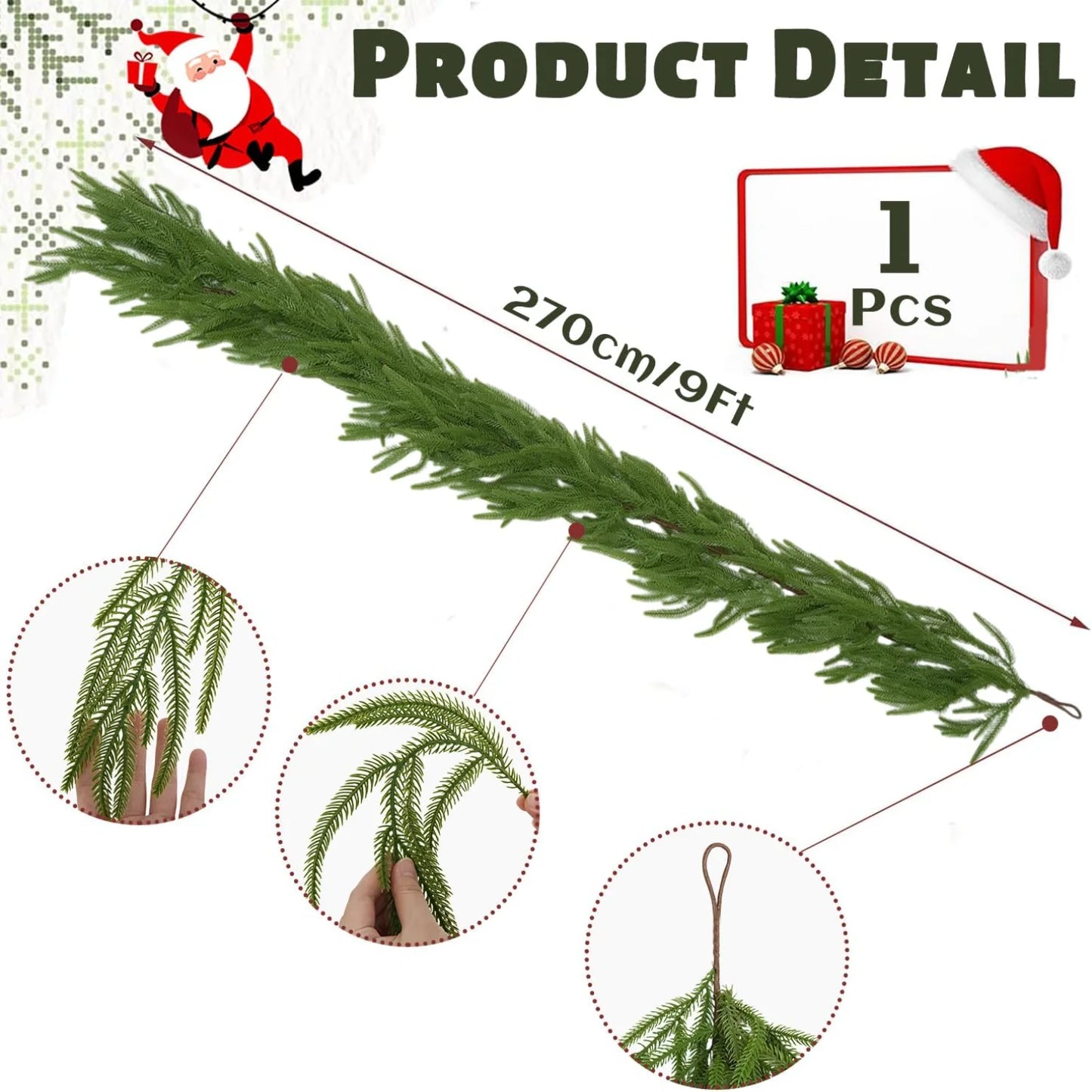 Norfolk Pine Garland for Christmas and Holiday Décor - 6Ft/9Ft Natural, Pre-Lit, Fluffy
