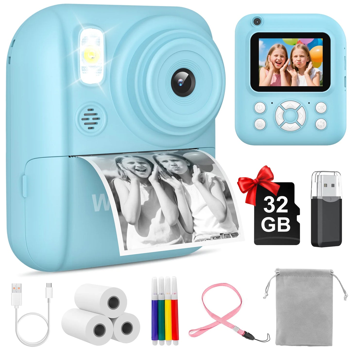 Kids Camera Instant Print,Instant Camera for Kids,2.5K UHD Digital Camera with 2.6" LCD, Dual Camera,16X Zoom, Games, 32G SD Card,Birthday Gifts for 3-10 Year Old Girls Boys