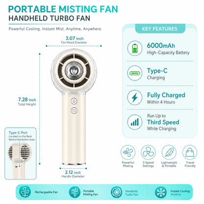 Misting Portable Handheld Fan 6000mAh Rechargeable Battery, Personal Mini Fans with 4 Strong Windfor Travel, Camping, Beach