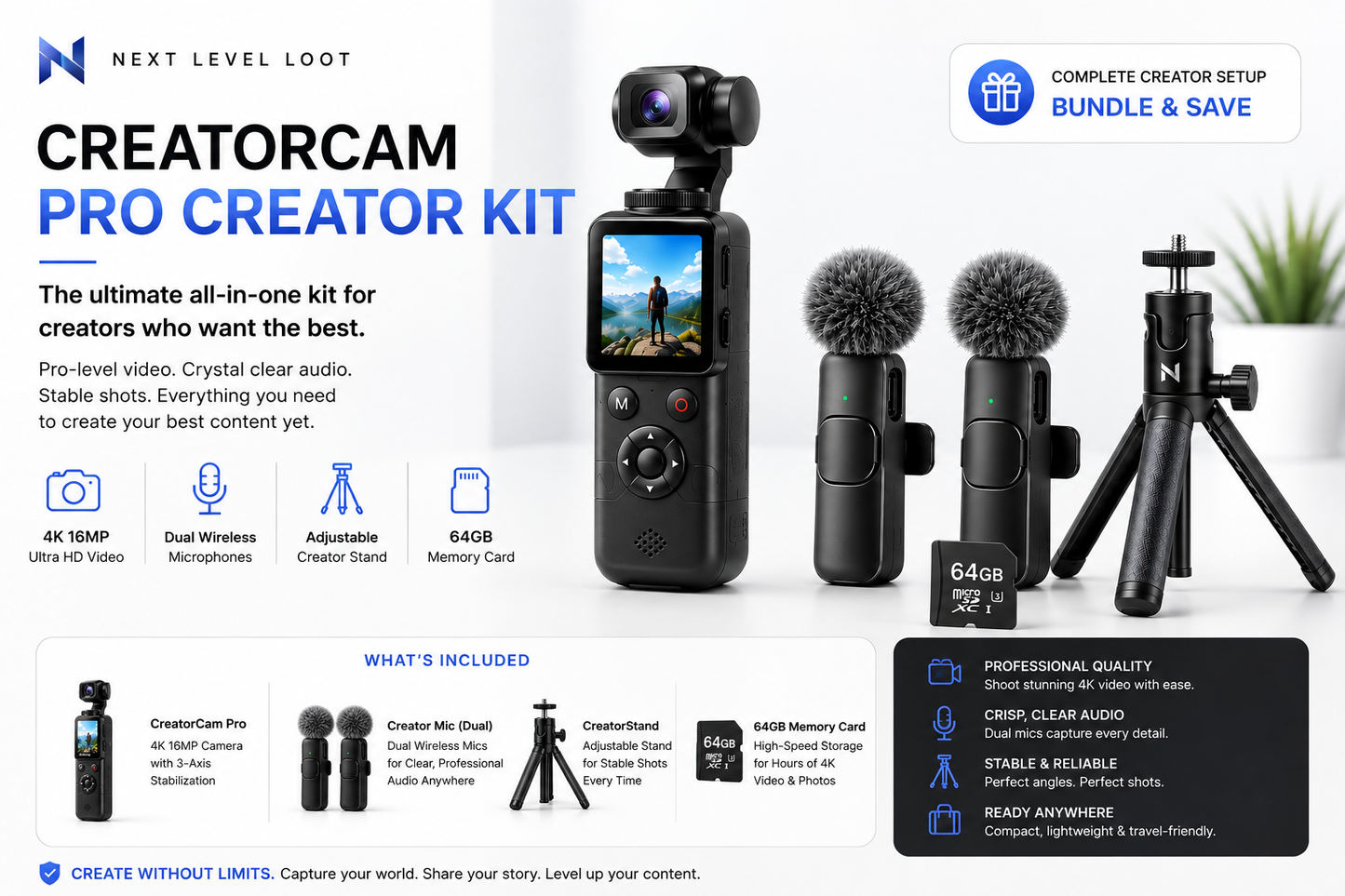 CreatorCam™ Pro Creator Kit -  Camera, Mic & Tripod