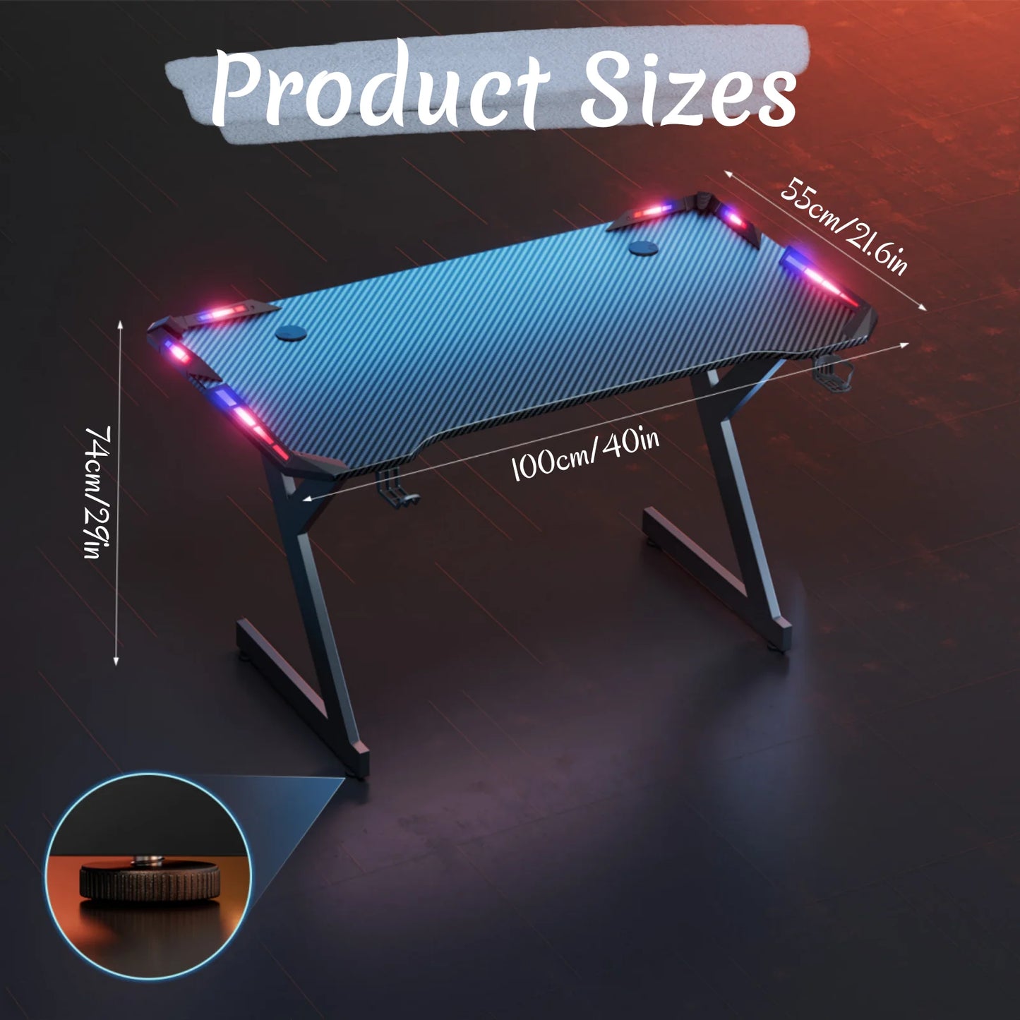 RGB LED Gaming Desk with Cup Holder & Headphone Hook | Carbon Fiber Computer Desk