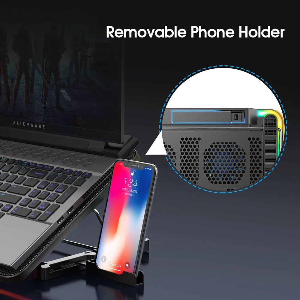 CoolFlow™ Laptop Cooling Pad with 6 Quiet Fans | Adjustable Cooling Stand for 12"-17.3" Laptops with Phone Holder