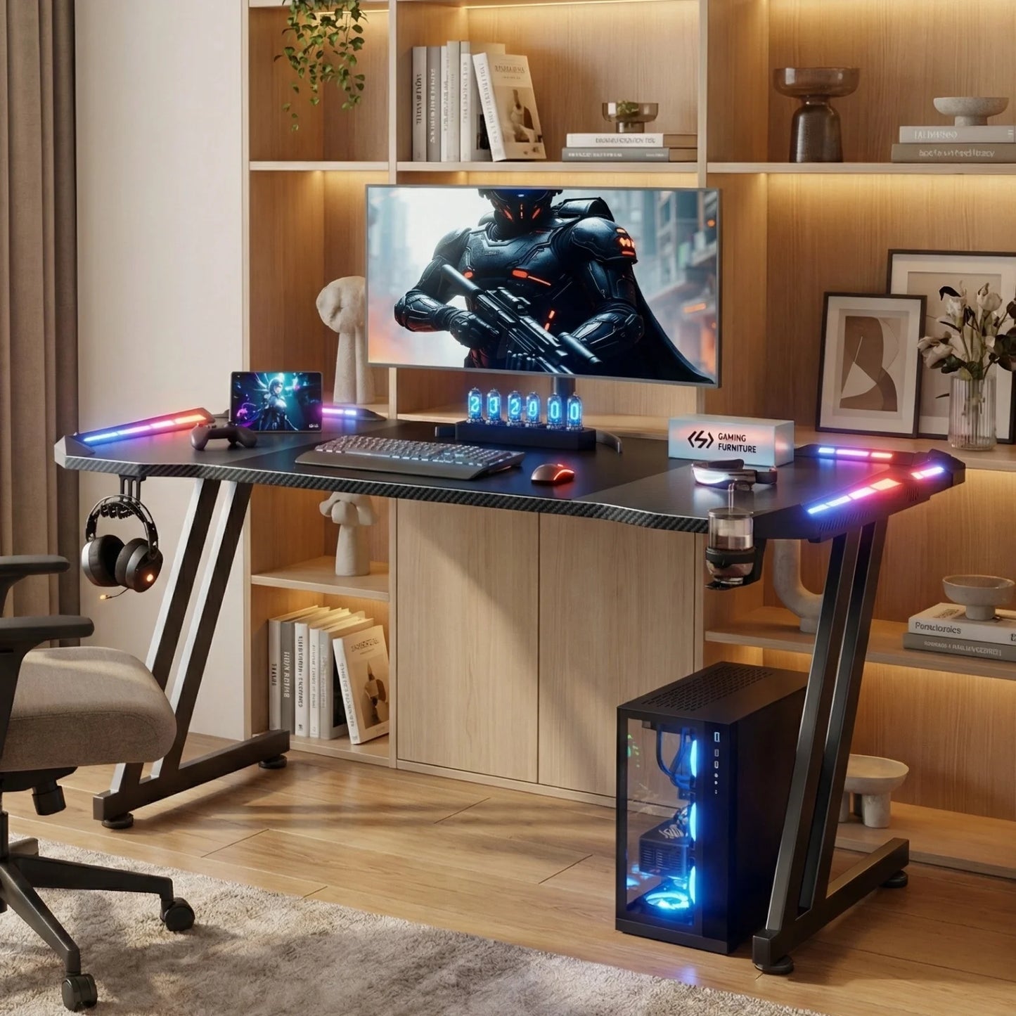 120/140/160cm Gaming Desk with LED Lights, Z Shaped Gaming Table with Cup Holder & Headphone Hook, Ergonomic Computer Table