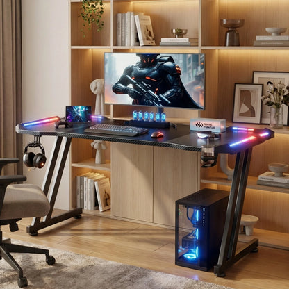 120/140/160cm Gaming Desk with LED Lights, Z Shaped Gaming Table with Cup Holder & Headphone Hook, Ergonomic Computer Table