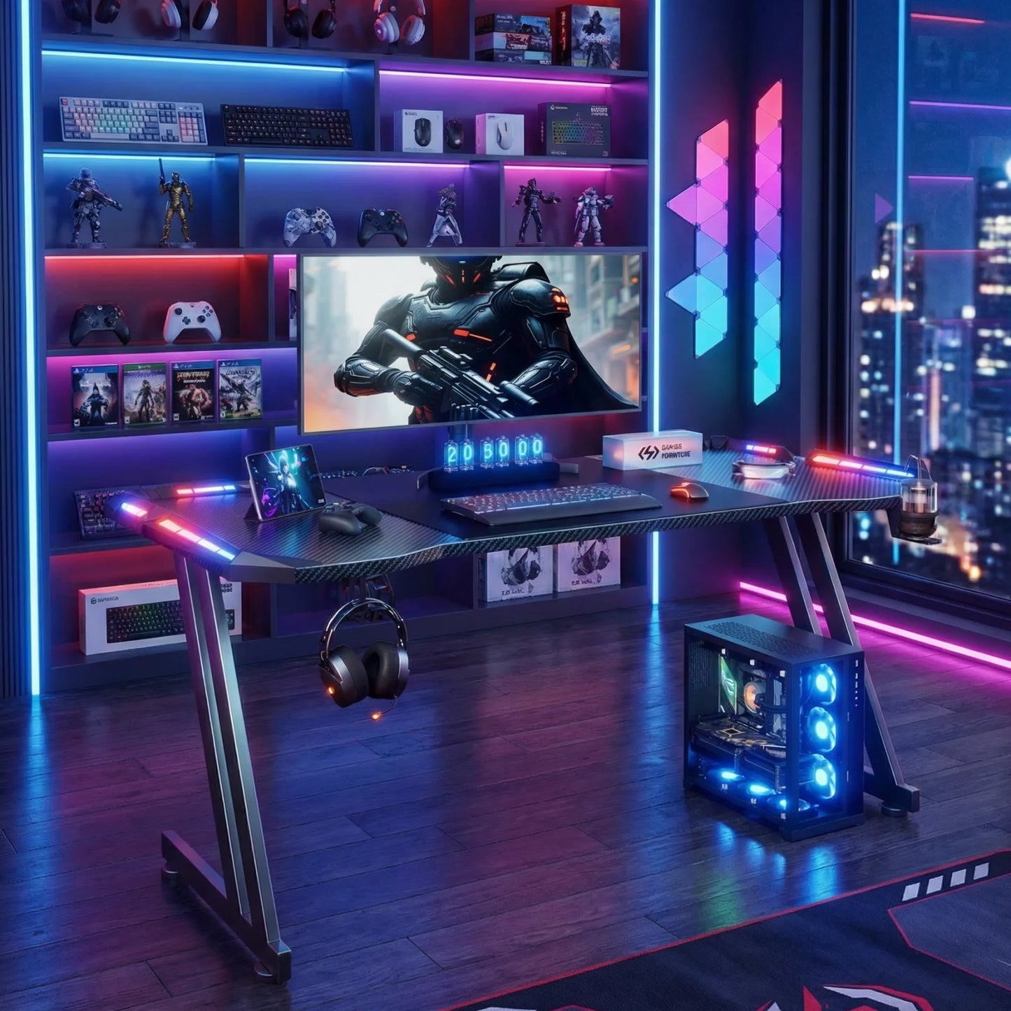 120/140/160cm Gaming Desk with LED Lights, Z Shaped Gaming Table with Cup Holder & Headphone Hook, Ergonomic Computer Table