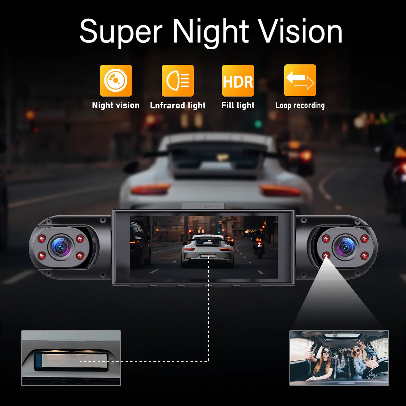 BCUOZ 4-Lens 360° Dashcam, 1080P Front + 720P Built-in Rear Left and Right Car Cameras, Super Night Vision, Loop Recording, G-Sensor, WDR, 12-24V Car Plug Power Supply, Optional 64GB Memory Card.
