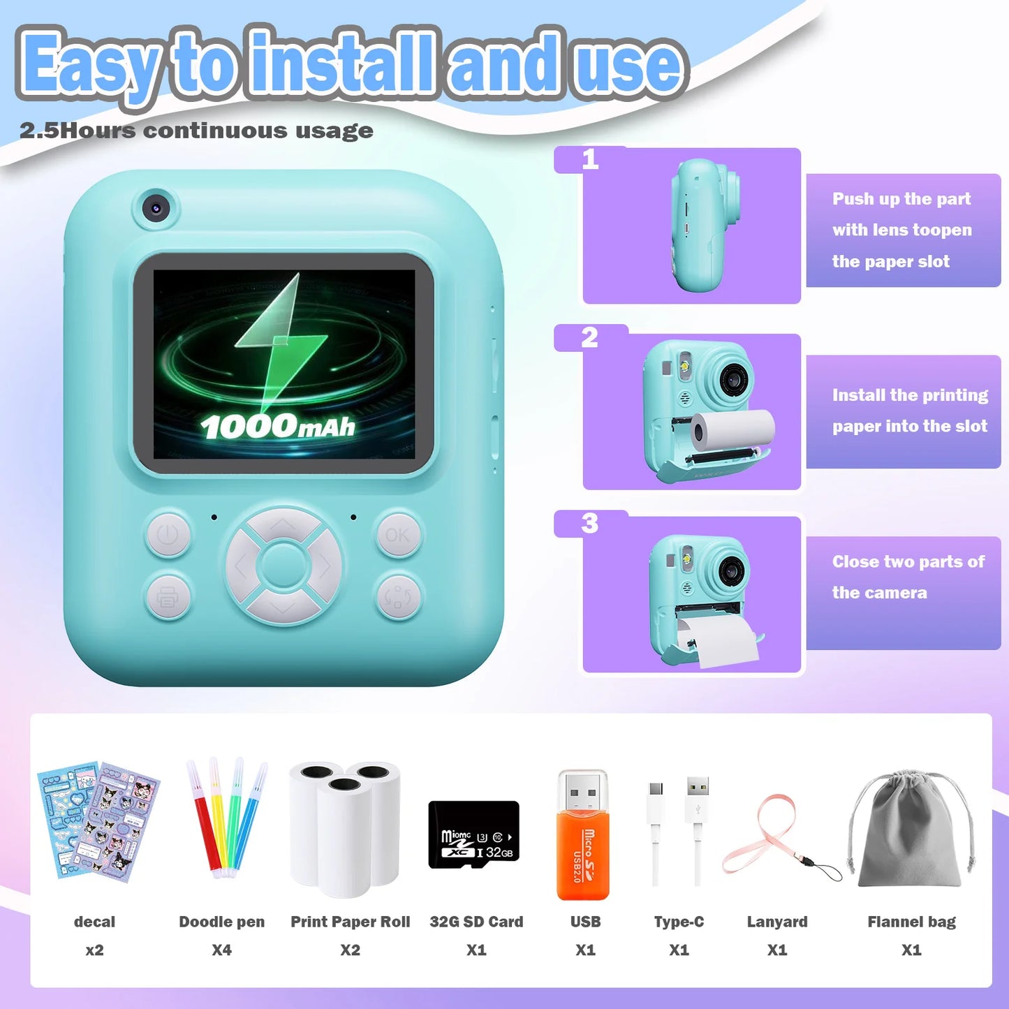 Instant Print Camera Digital Camera With 3 Rolls Print Paper, 1080P HD Ditigal Camera 2.4 Inch Screen, Selfie Video Camera, USB Cable/Color Pen/Bag/ Included, electronics，Small For Boys Girls Teens Students Seniors，Christ