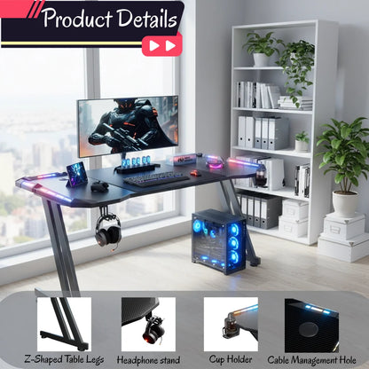 120/140/160cm Gaming Desk with LED Lights, Z Shaped Gaming Table with Cup Holder & Headphone Hook, Ergonomic Computer Table