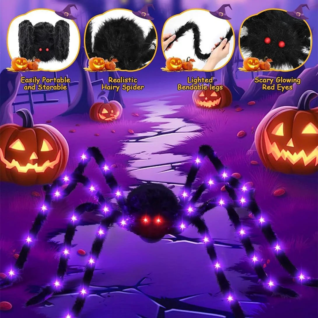 6.5FT Giant Halloween Spider with Purple LED Lights – Outdoor Halloween Yard Decorations, Bendable Legs & Red Glowing Eyes