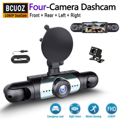 BCUOZ 4-Lens 360° Dashcam, 1080P Front + 720P Built-in Rear Left and Right Car Cameras, Super Night Vision, Loop Recording, G-Sensor, WDR, 12-24V Car Plug Power Supply, Optional 64GB Memory Card.