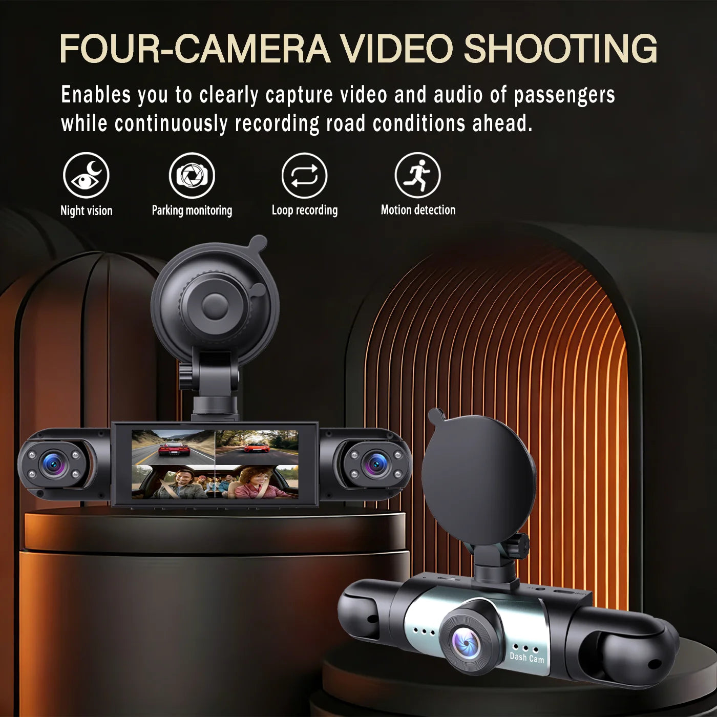 BCUOZ 4-Lens 360° Dashcam, 1080P Front + 720P Built-in Rear Left and Right Car Cameras, Super Night Vision, Loop Recording, G-Sensor, WDR, 12-24V Car Plug Power Supply, Optional 64GB Memory Card.