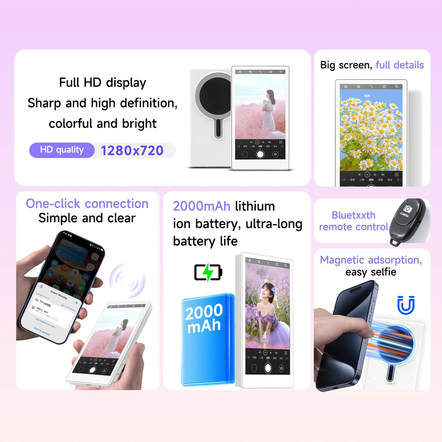 Vlog Selfie Monitor Screen Compatible with Phone, Magnetic Wireless Rear Camera Phone Monitor with 164FT Range, Live Streaming (White)