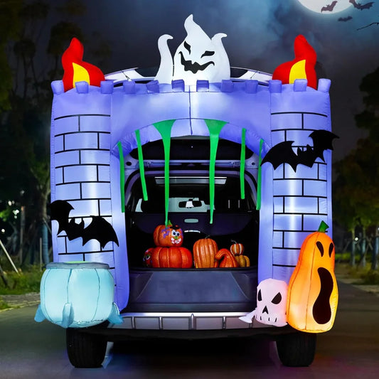 6FT Trunk or Treat Halloween Inflatable – Light Up Haunted Castle with Ghost & Pumpkins for Car, Yard & Outdoor Decor