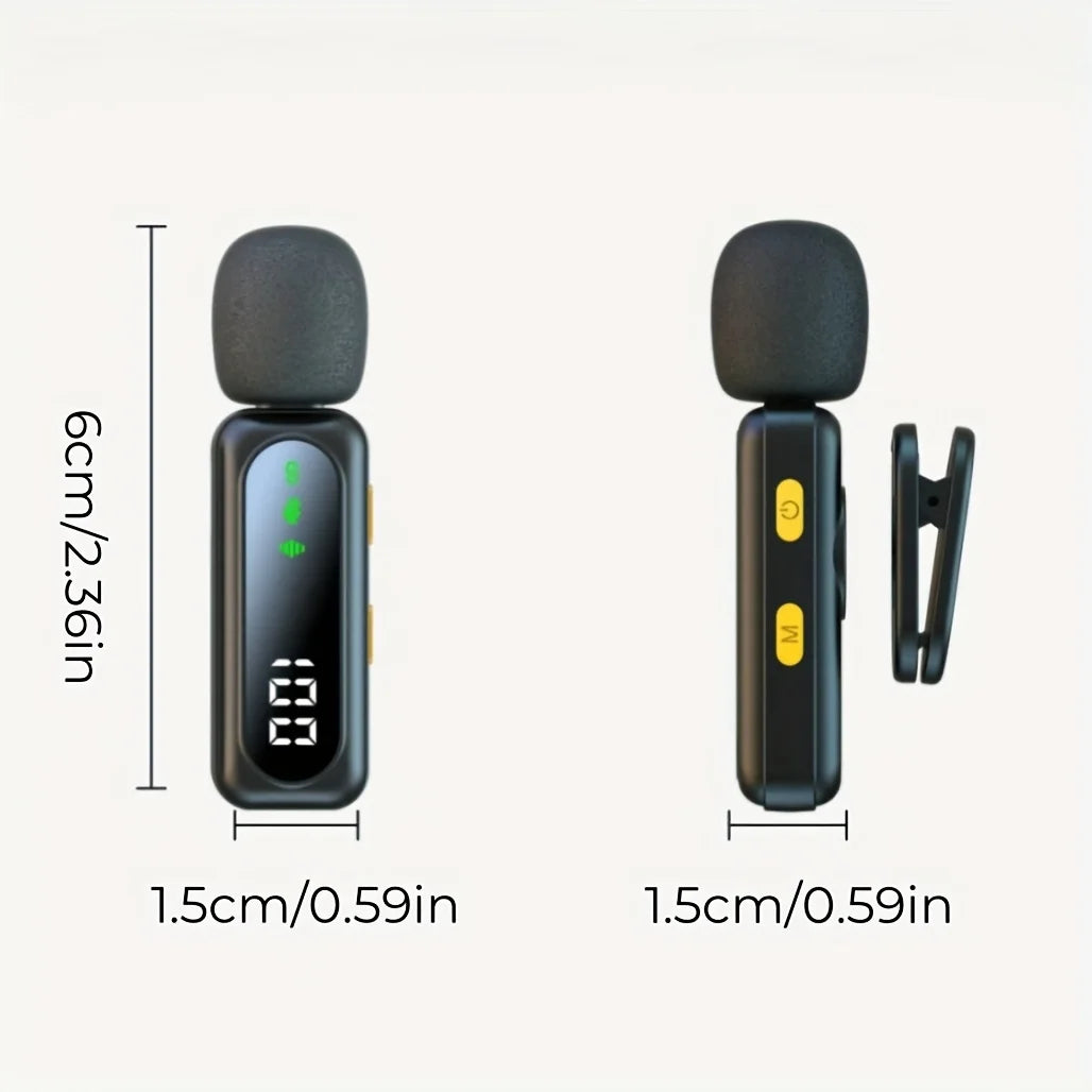 Professional wireless lavalier microphone with digital battery level indicator, 360 °   omnidirectional pickup, USB-C port, 100-foot operating range, 2.4 GHz wireless capability, professional noise reduction via DSP chip, an