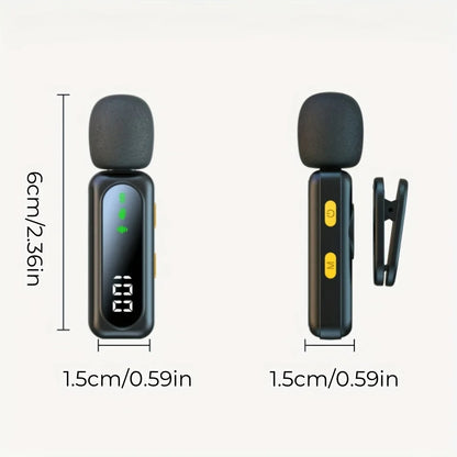 Professional wireless lavalier microphone with digital battery level indicator, 360 °   omnidirectional pickup, USB-C port, 100-foot operating range, 2.4 GHz wireless capability, professional noise reduction via DSP chip, an