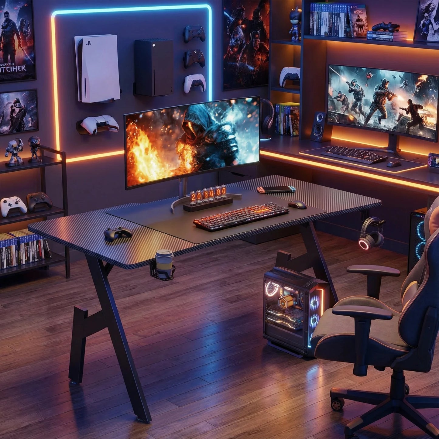 A-Frame Carbon Fiber Gaming Desk with Cup Holder & Headphone Hook