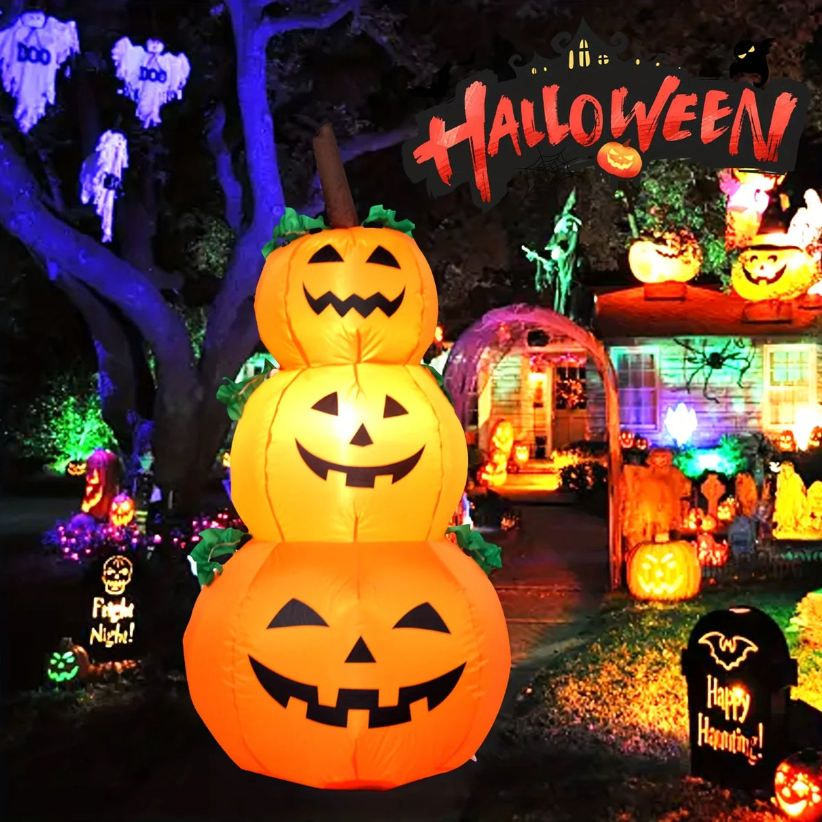 3.9FT Light Up Halloween Inflatable Pumpkins – Stacked Jack O Lantern LED Blow Up Yard Decoration for Outdoor Porch & Lawn