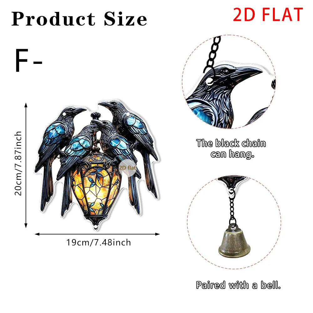 2D Acrylic Halloween Hanging Decor – Gothic Skull, Bat, Raven & Stained Glass Style Wall Ornament with Bell