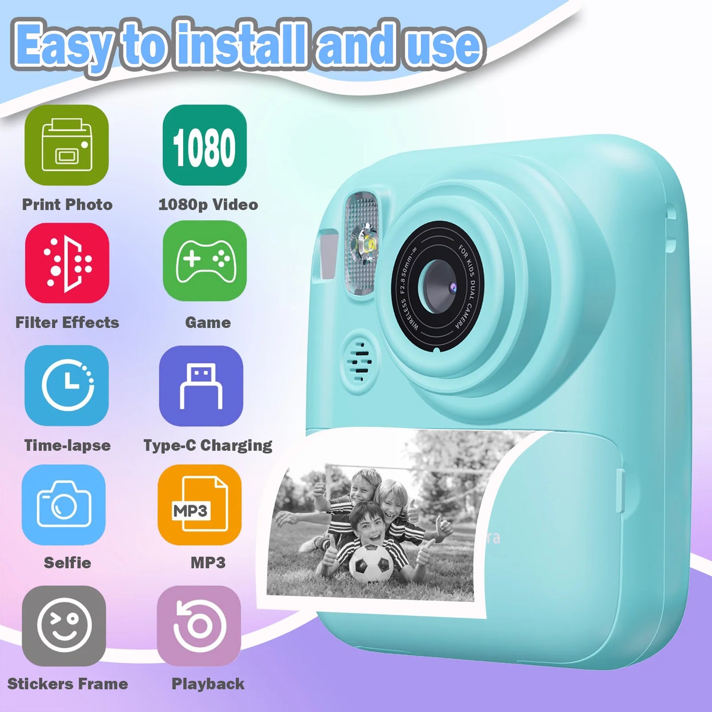Instant Print Camera Digital Camera With 3 Rolls Print Paper, 1080P HD Ditigal Camera 2.4 Inch Screen, Selfie Video Camera, USB Cable/Color Pen/Bag/ Included, electronics，Small For Boys Girls Teens Students Seniors，Christ