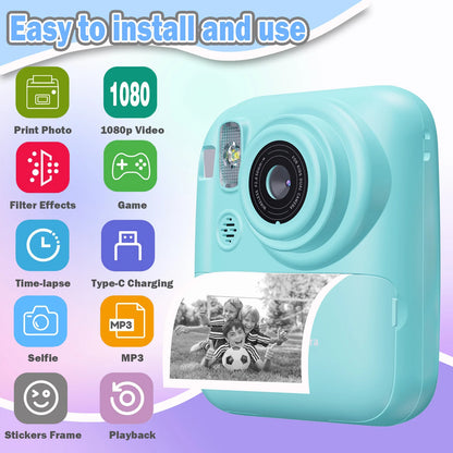 Instant Print Camera Digital Camera With 3 Rolls Print Paper, 1080P HD Ditigal Camera 2.4 Inch Screen, Selfie Video Camera, USB Cable/Color Pen/Bag/ Included, electronics，Small For Boys Girls Teens Students Seniors，Christ