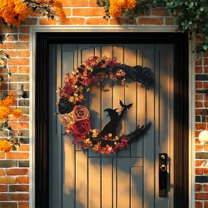 Gothic Halloween Wreath - Witch Cat Moon Silhouette with Autumn Leaves & Roses