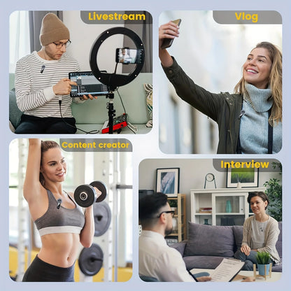 Professional wireless lavalier microphone with digital battery level indicator, 360 °   omnidirectional pickup, USB-C port, 100-foot operating range, 2.4 GHz wireless capability, professional noise reduction via DSP chip, an