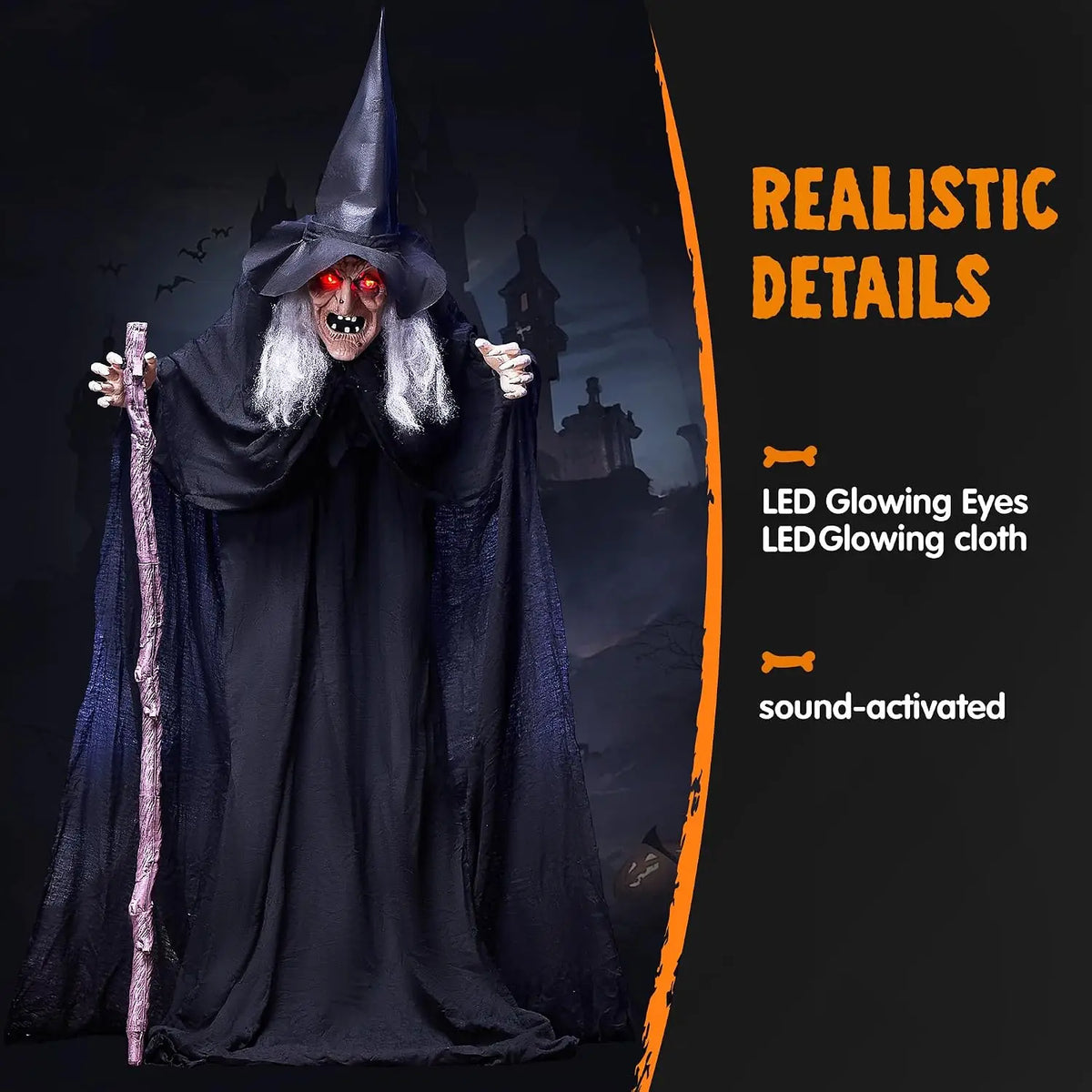 6 FT Animatronic Witch with Cane – Sound Activated Halloween Decoration with Light-Up Eyes