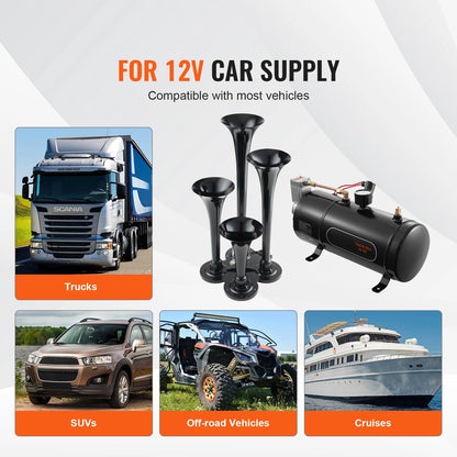 SucceBuy Train Horns Kit, 4 Trumpet Air Horn Kit, 150dB Train Horns for Pickup Trucks 12V 120 psi Air Compressor for Truck Train