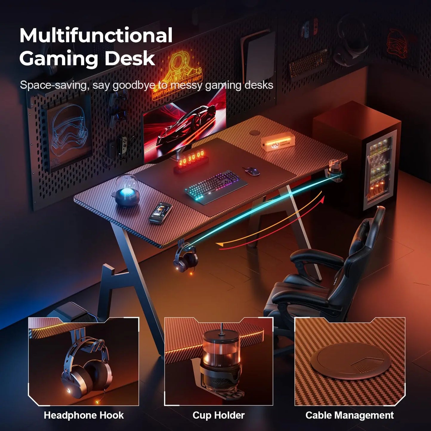 A-Frame Carbon Fiber Gaming Desk with Cup Holder & Headphone Hook