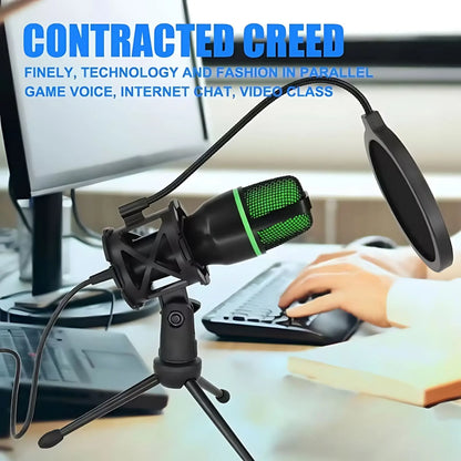 Professional USB Condenser Microphone Kit with RGB Lighting Tripod Stand for Gaming Streaming Podcast YouTube Video Recording PC Laptop Mute Button Voice Changer Cardioid Plug and Play Noise Cancelling Studio Mic