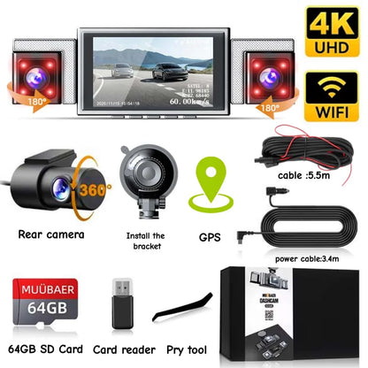 4K 360° WiFi Dash Cam with GPS & Quad Camera Recording