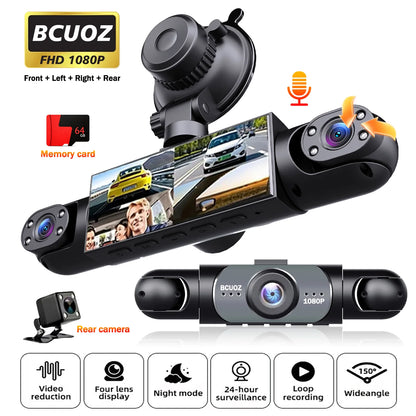 BCUOZ 4-Lens 360° Dashcam, 1080P Front + 720P Built-in Rear Left and Right Car Cameras, Super Night Vision, Loop Recording, G-Sensor, WDR, 12-24V Car Plug Power Supply, Optional 64GB Memory Card.