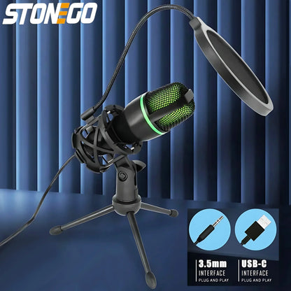 Professional USB Condenser Microphone Kit with RGB Lighting Tripod Stand for Gaming Streaming Podcast YouTube Video Recording PC Laptop Mute Button Voice Changer Cardioid Plug and Play Noise Cancelling Studio Mic