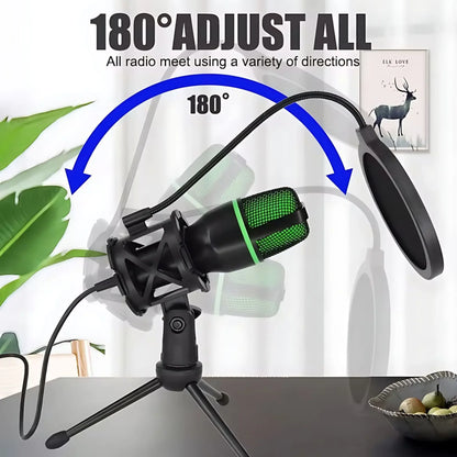 Professional USB Condenser Microphone Kit with RGB Lighting Tripod Stand for Gaming Streaming Podcast YouTube Video Recording PC Laptop Mute Button Voice Changer Cardioid Plug and Play Noise Cancelling Studio Mic