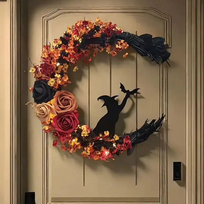 Gothic Halloween Wreath - Witch Cat Moon Silhouette with Autumn Leaves & Roses