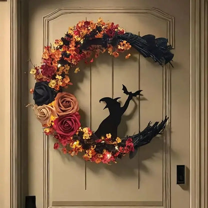 Gothic Halloween Wreath - Witch Cat Moon Silhouette with Autumn Leaves & Roses