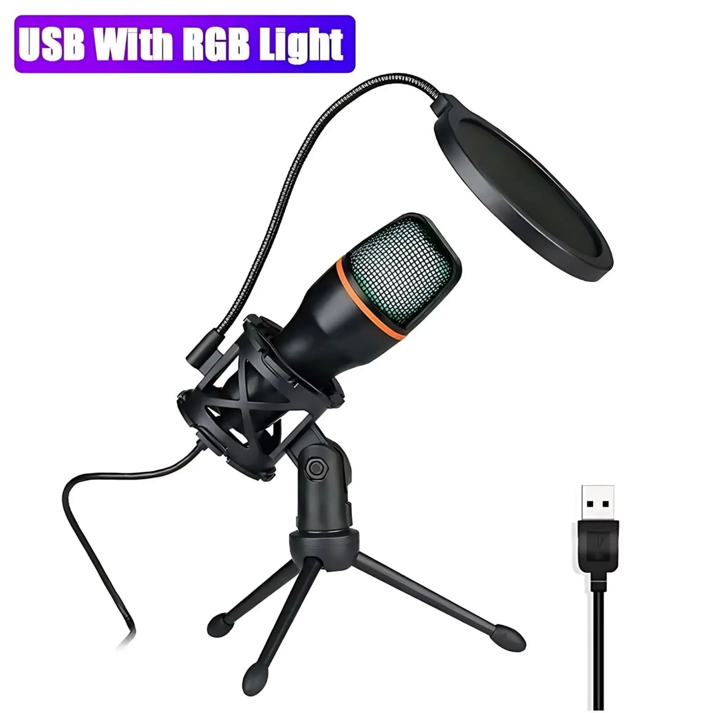 Professional USB Condenser Microphone Kit with RGB Lighting Tripod Stand for Gaming Streaming Podcast YouTube Video Recording PC Laptop Mute Button Voice Changer Cardioid Plug and Play Noise Cancelling Studio Mic