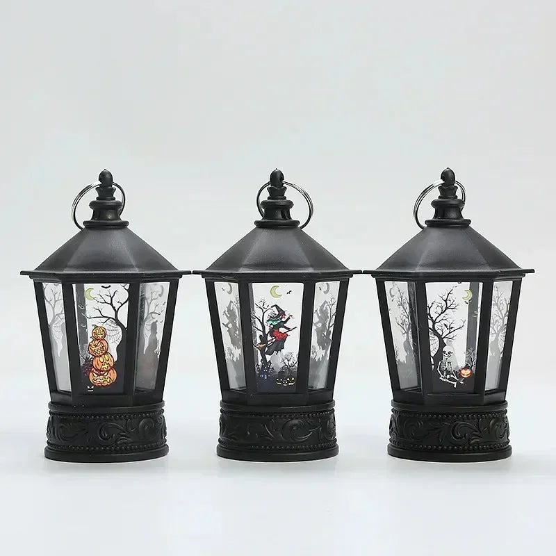 LED Spooky Halloween Lantern - with Flickering Candlelight, Spooky Witch, Pumpkin and Skeleton