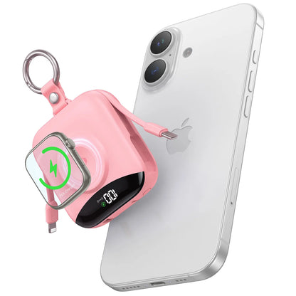 10000mAh Power Bank for Apple Watch Wireless Charger Built-in Lightning & Type-C Cables, LED Digital Display,Compact Keychain