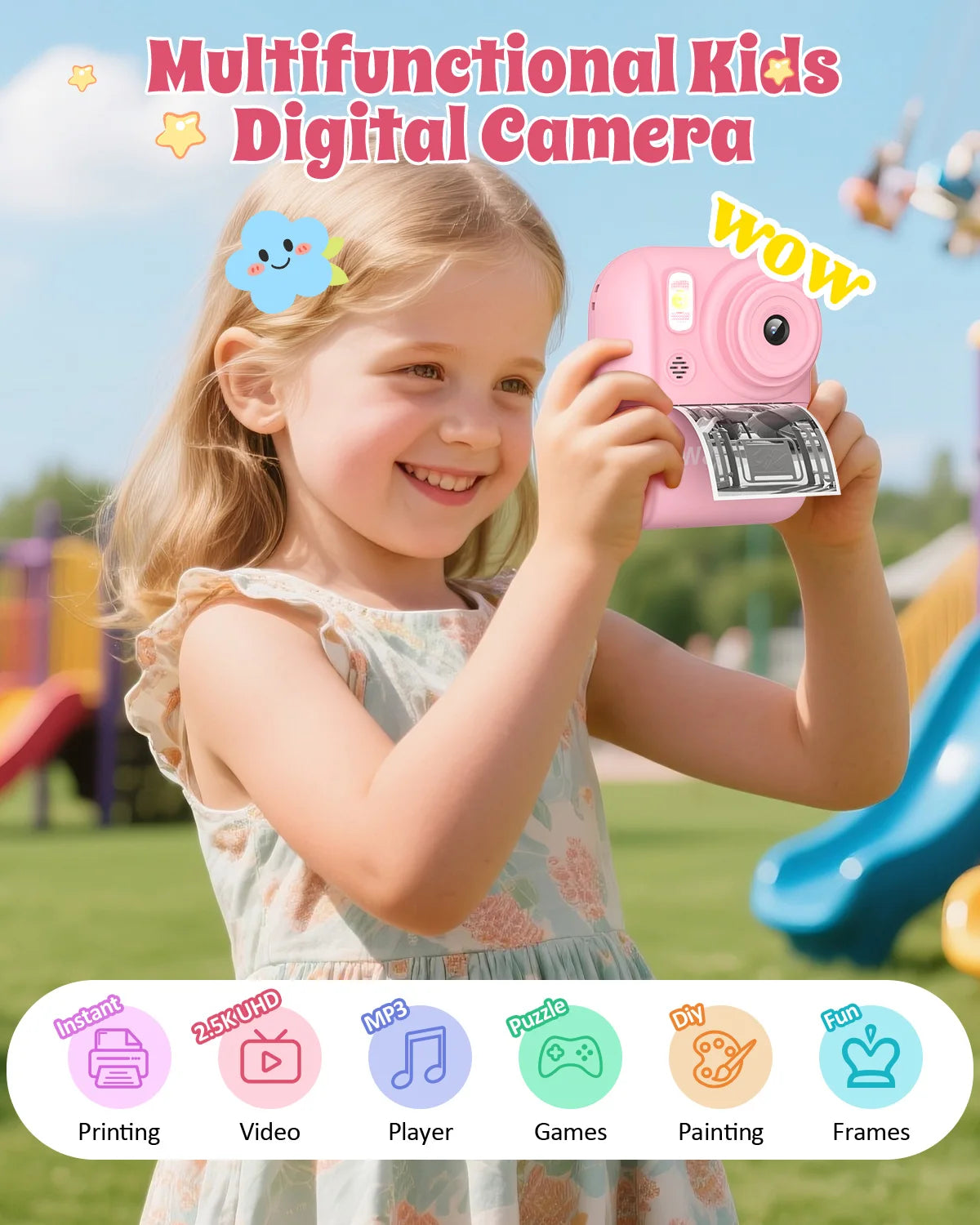 Kids Camera Instant Print,Instant Camera for Kids,2.5K UHD Digital Camera with 2.6" LCD, Dual Camera,16X Zoom, Games, 32G SD Card,Birthday Gifts for 3-10 Year Old Girls Boys