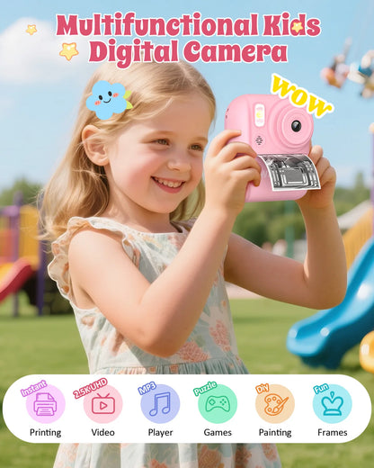 Kids Camera Instant Print,Instant Camera for Kids,2.5K UHD Digital Camera with 2.6" LCD, Dual Camera,16X Zoom, Games, 32G SD Card,Birthday Gifts for 3-10 Year Old Girls Boys