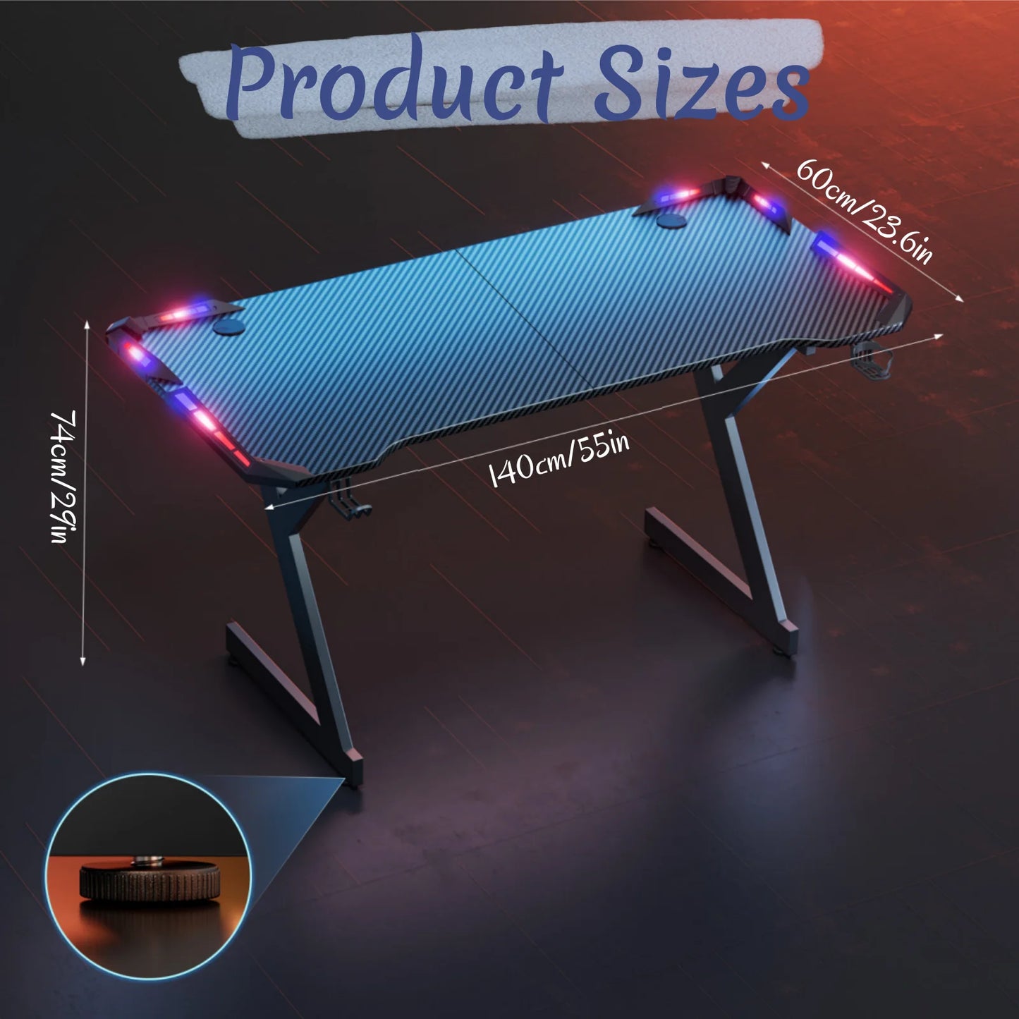 RGB LED Gaming Desk with Cup Holder & Headphone Hook | Carbon Fiber Computer Desk