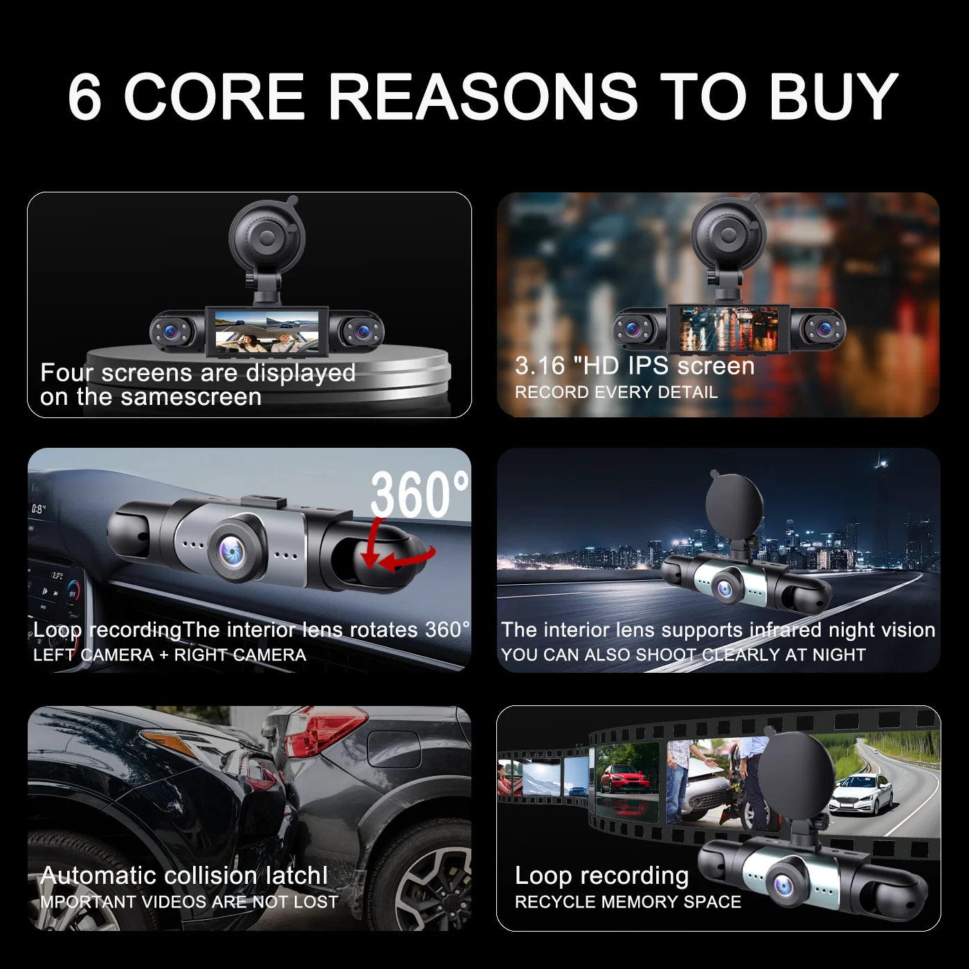 BCUOZ 4-Lens 360° Dashcam, 1080P Front + 720P Built-in Rear Left and Right Car Cameras, Super Night Vision, Loop Recording, G-Sensor, WDR, 12-24V Car Plug Power Supply, Optional 64GB Memory Card.