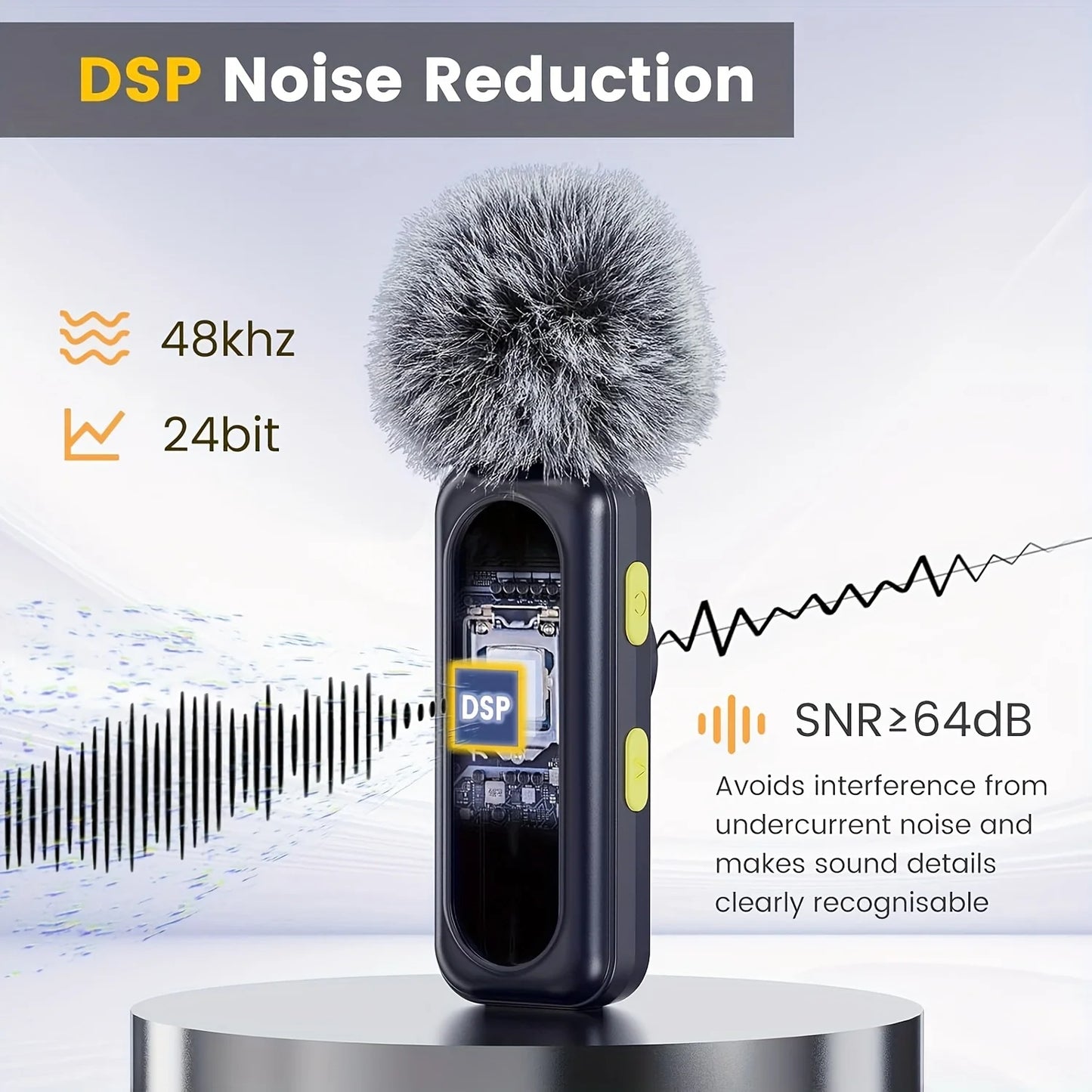 Professional wireless lavalier microphone with digital battery level indicator, 360 °   omnidirectional pickup, USB-C port, 100-foot operating range, 2.4 GHz wireless capability, professional noise reduction via DSP chip, an