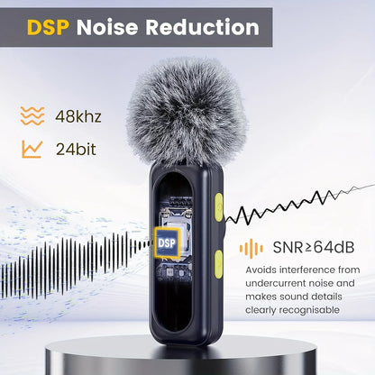 Professional wireless lavalier microphone with digital battery level indicator, 360 °   omnidirectional pickup, USB-C port, 100-foot operating range, 2.4 GHz wireless capability, professional noise reduction via DSP chip, an