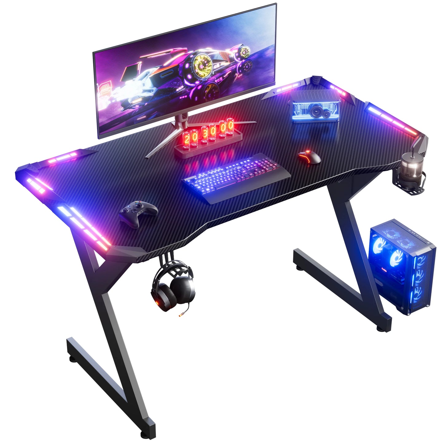 RGB LED Gaming Desk with Cup Holder & Headphone Hook | Carbon Fiber Computer Desk